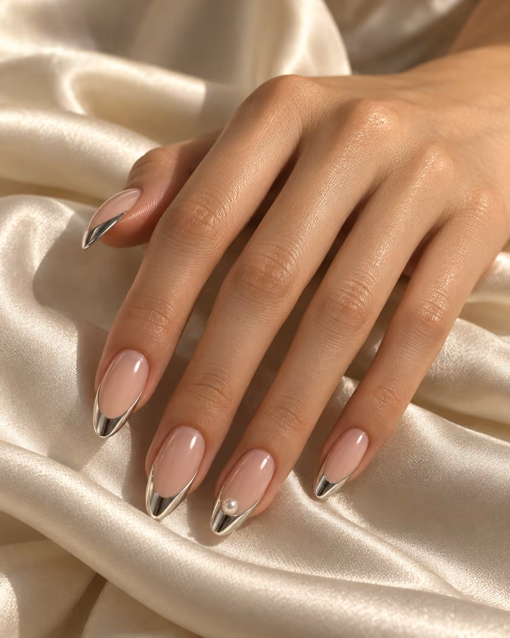 Silver chrome French tips with a pearl accent on a blush manicure