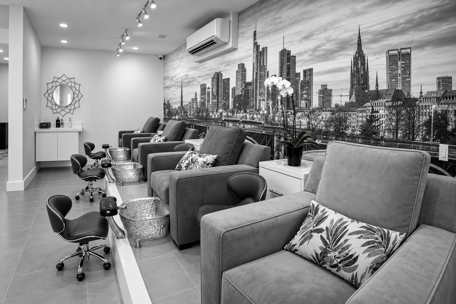Bliss Nail Lounge pedicure seating, adapted from a salon photograph with perspective correction and black-and-white toning