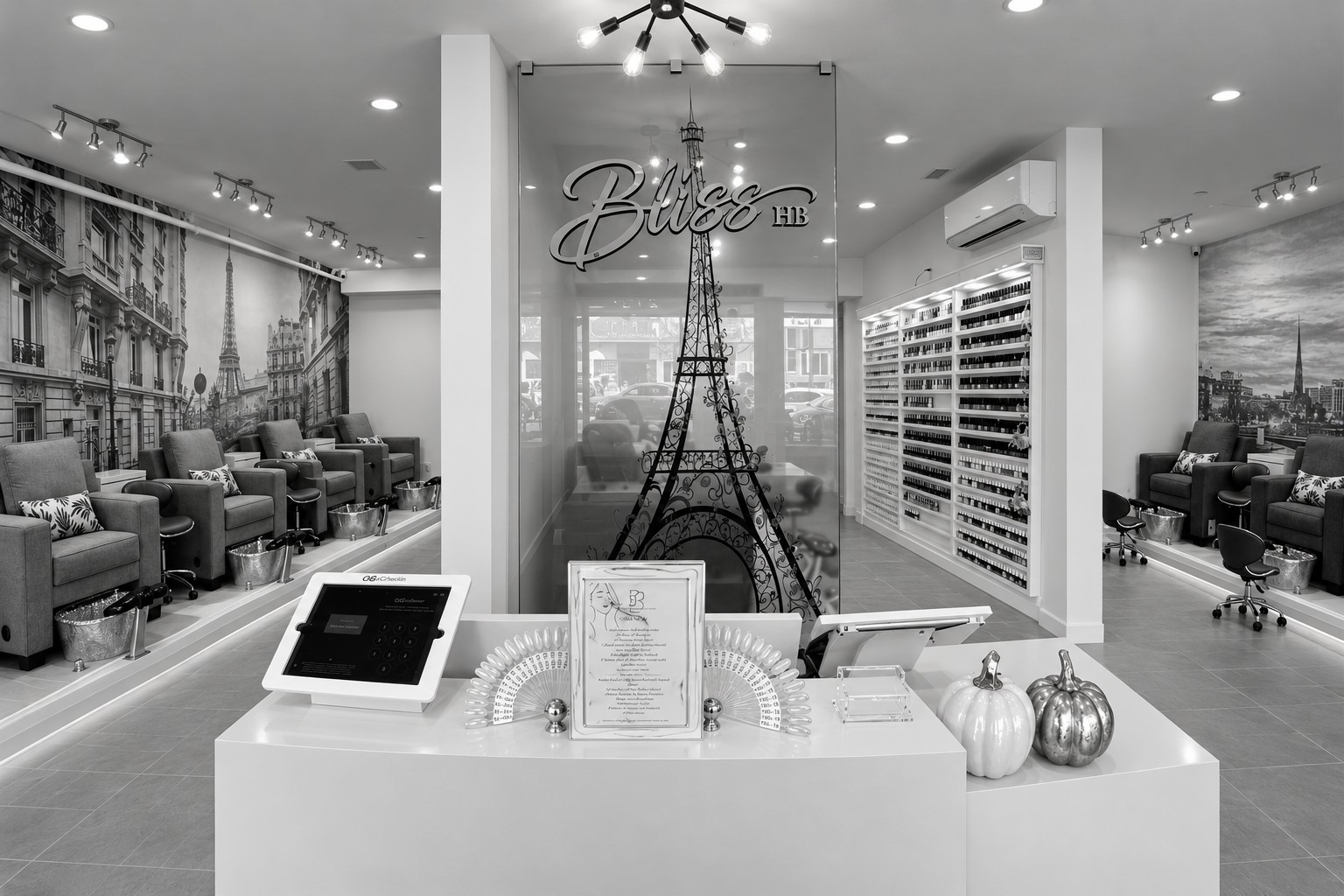 Bliss Nail Lounge reception, adapted from a salon photograph with perspective correction and black-and-white toning