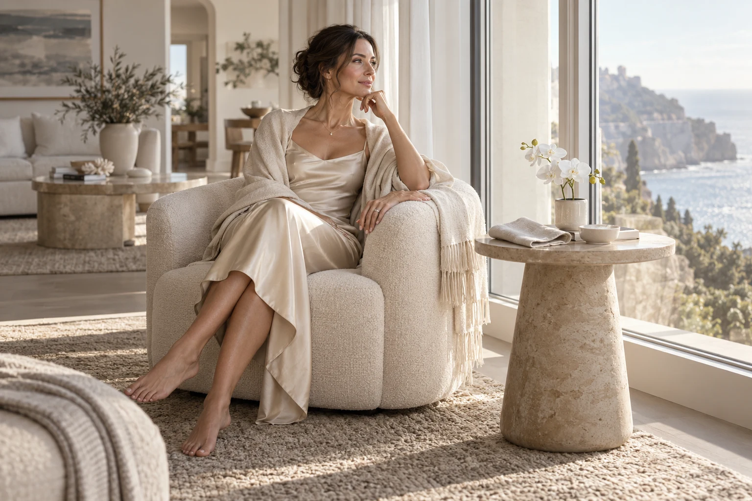 Model in a champagne silk dress relaxing by a coastal window; illustrative luxury imagery, not Annie or a salon photograph