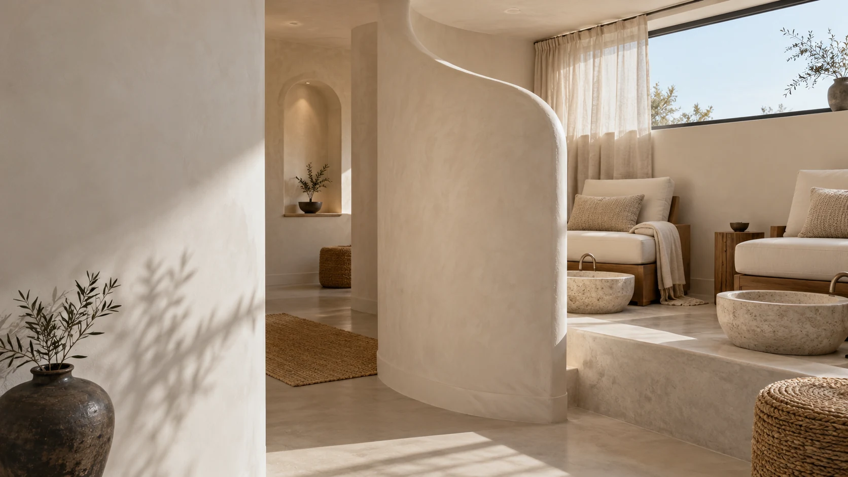 A pale, light-filled lounge