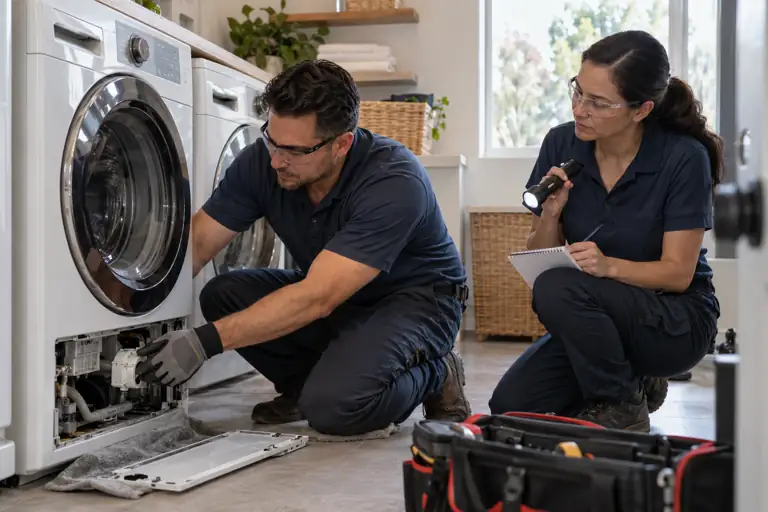 AI-generated appliance concept with fictional adults; not actual business staff