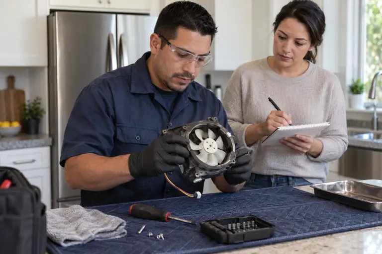 AI-generated appliance concept: component inspection with fictional adults; not actual business staff