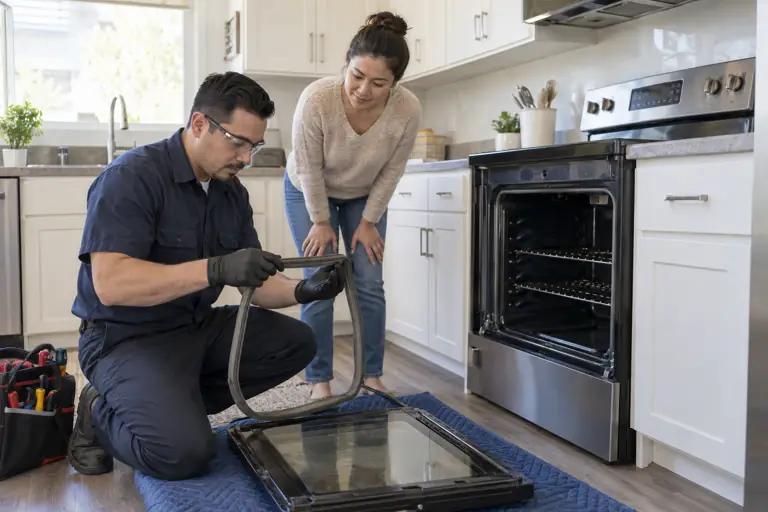 AI-generated appliance concept: kitchen appliance repair with fictional adults; not actual business staff