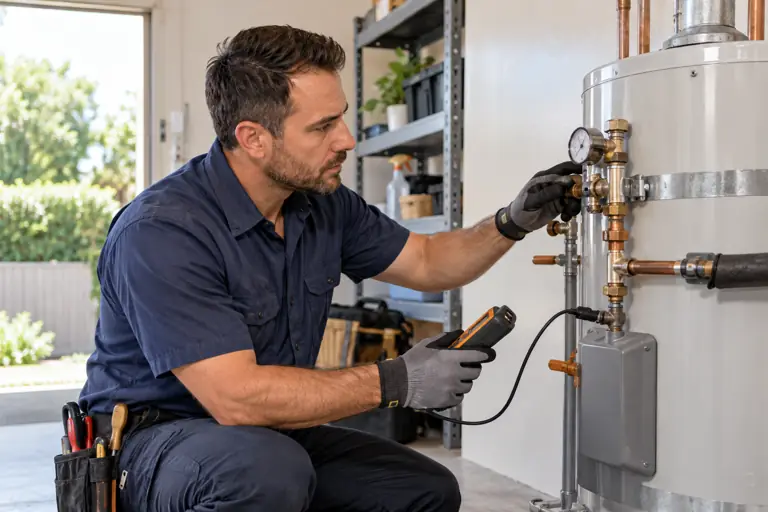 AI-generated plumbing concept: water heater inspection with fictional adults; not actual business staff