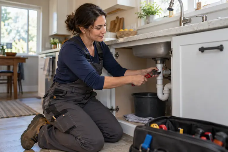 AI-generated plumbing concept: fixture repair with fictional adults; not actual business staff