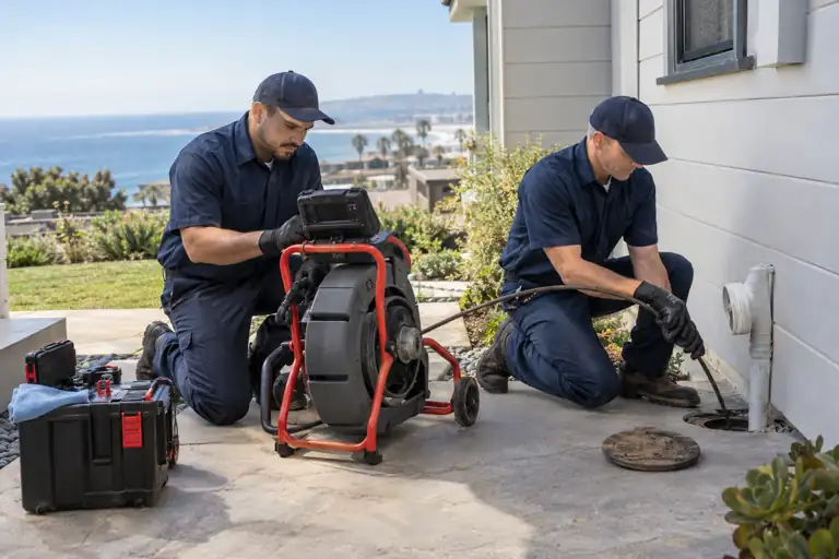 AI-generated plumbing concept: drain equipment with fictional adults; not actual business staff