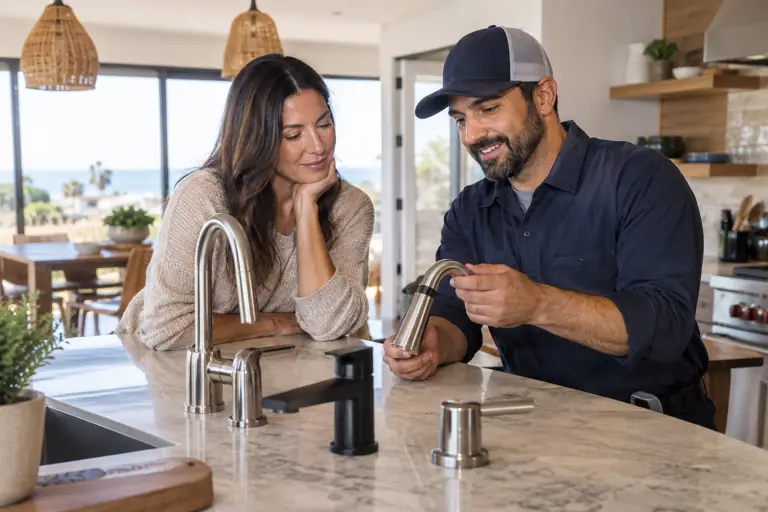 AI-generated plumbing concept: fixture consultation with fictional adults; not actual business staff