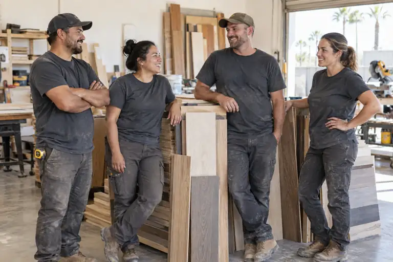 AI-generated home concept: materials and teamwork with fictional adults; not actual business staff