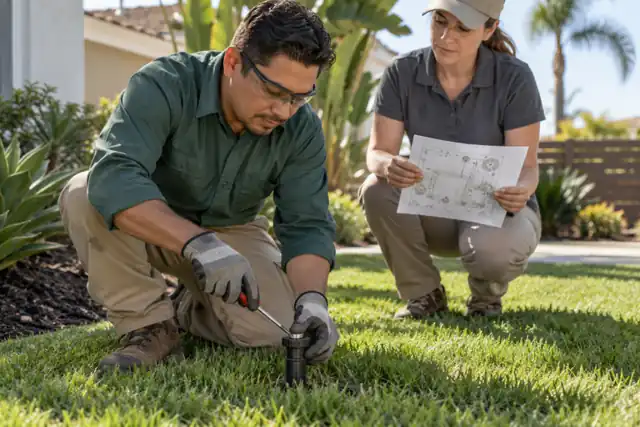 AI-generated landscape concept: irrigation work with fictional adults; not actual business staff