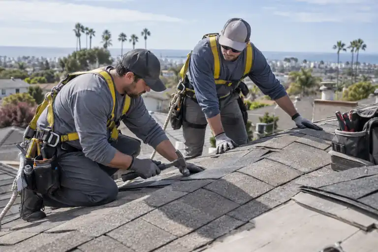 AI-generated roofing concept with fictional adults; not actual business staff
