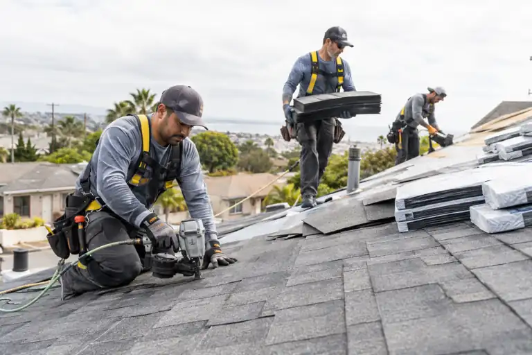 AI-generated roofing concept: shingle installation with fictional adults; not actual business staff