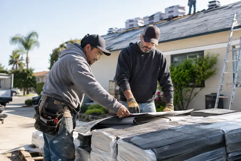 AI-generated roofing concept: materials and preparation with fictional adults; not actual business staff