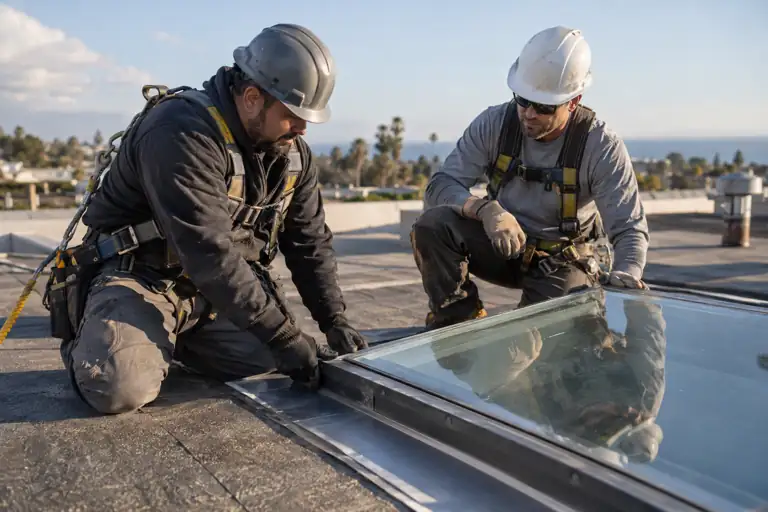 AI-generated roofing concept: flashing inspection with fictional adults; not actual business staff