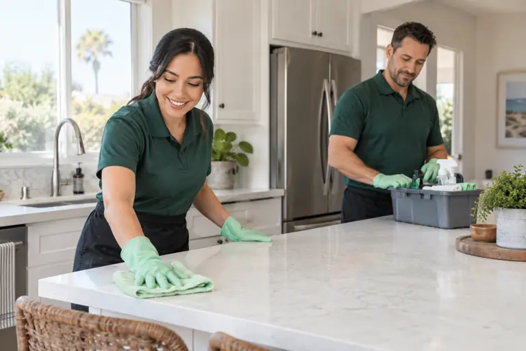 AI-generated cleaning concept with fictional adults; not actual business staff