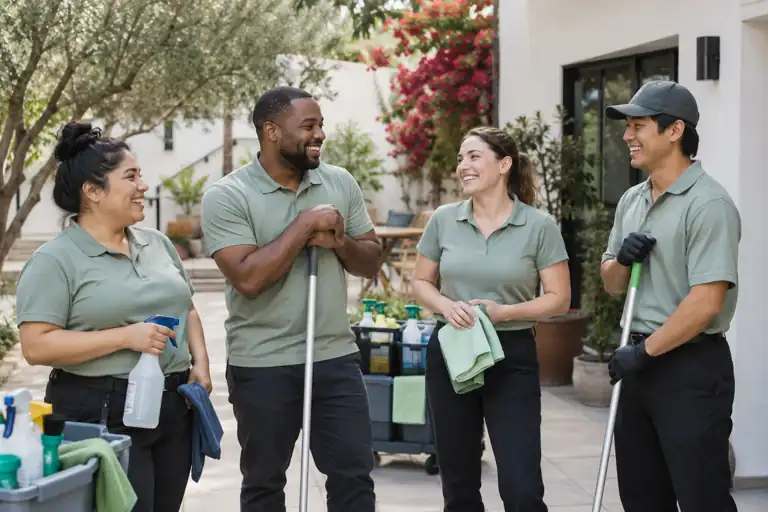 AI-generated cleaning concept: tools and teamwork with fictional adults; not actual business staff