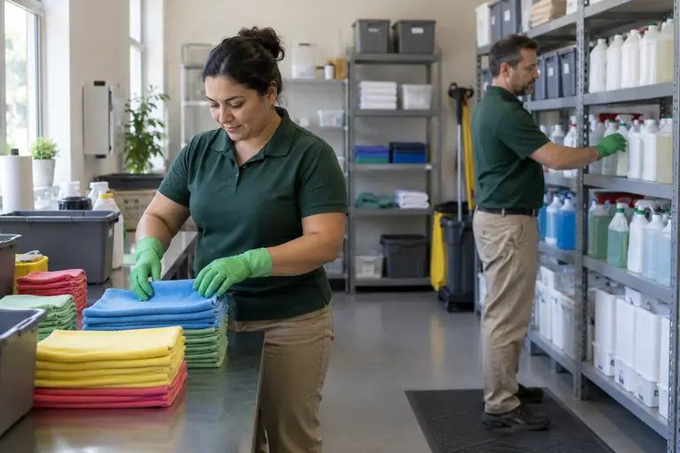 AI-generated cleaning concept: supply preparation with fictional adults; not actual business staff