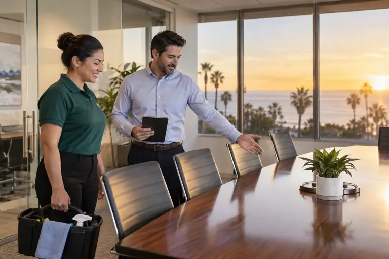 AI-generated cleaning concept: a clear conversation with fictional adults; not actual business staff