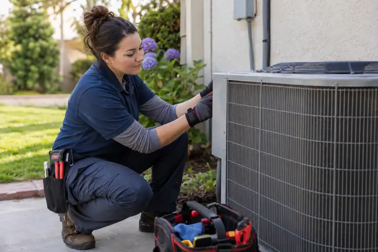 AI-generated hvac concept: outdoor unit inspection with fictional adults; not actual business staff