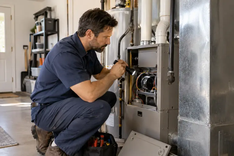 AI-generated hvac concept: furnace inspection with fictional adults; not actual business staff