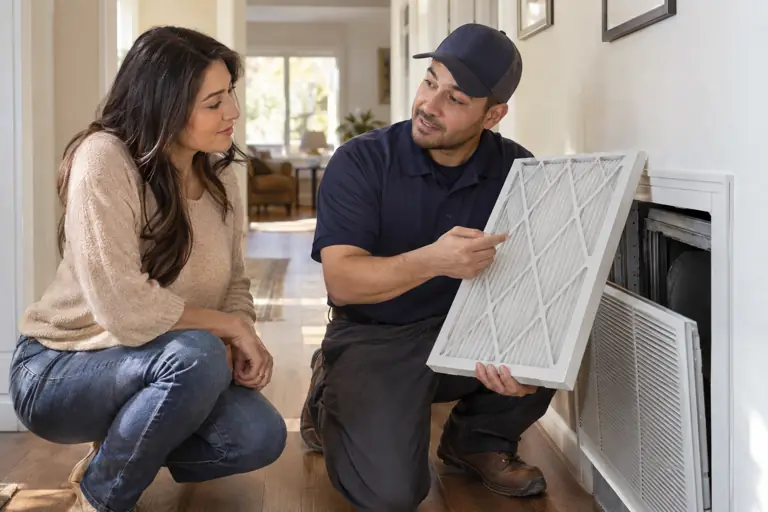 AI-generated hvac concept: filter consultation with fictional adults; not actual business staff