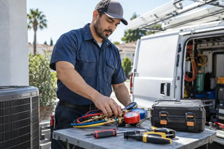 AI-generated hvac concept: tools and preparation with fictional adults; not actual business staff