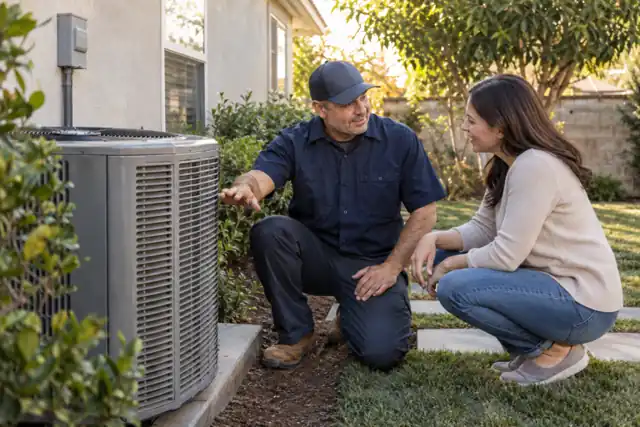 AI-generated hvac concept: discussing the next step with fictional adults; not actual business staff