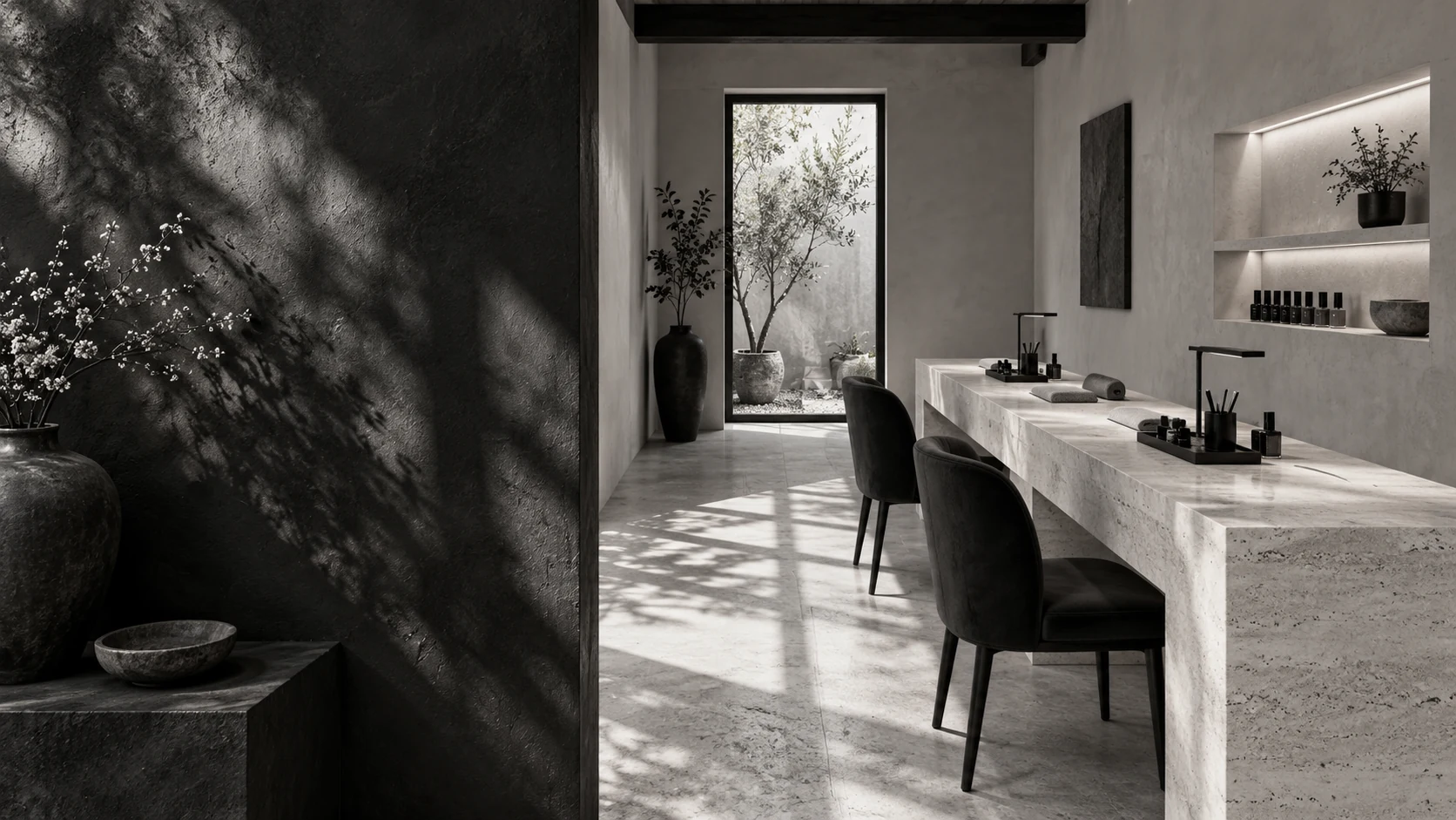 A nail studio arranged around clean lines, pale surfaces and dark accents.