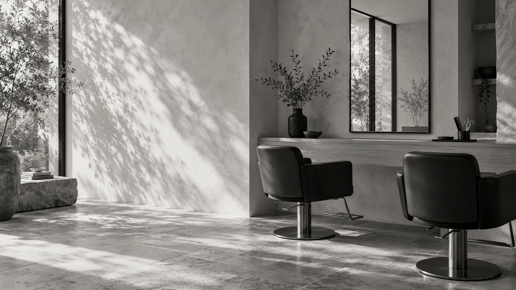 Two styling chairs and dark-framed mirrors in patterned window light.