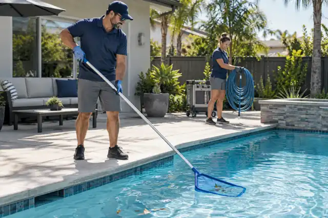 AI-generated pool concept with fictional adults; not actual business staff