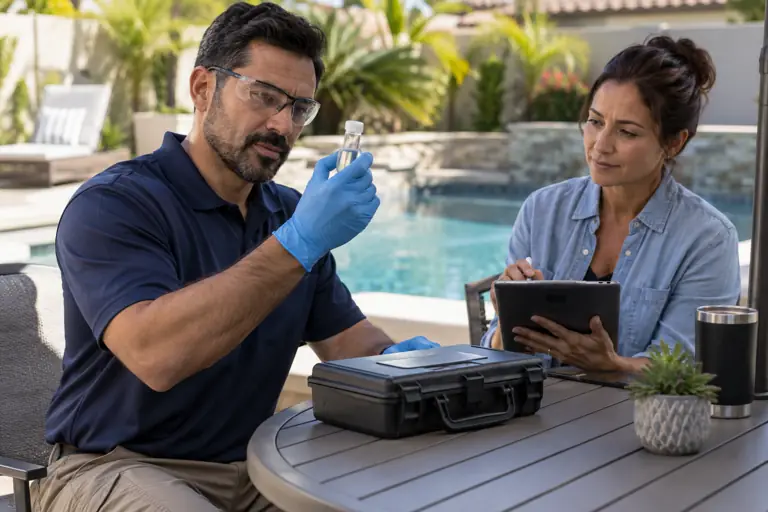 AI-generated pool concept: water testing with fictional adults; not actual business staff