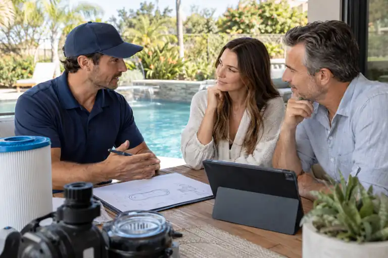 AI-generated pool concept: planning the visit with fictional adults; not actual business staff