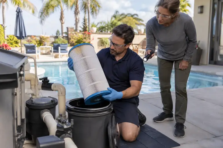 AI-generated pool concept: maintenance in progress with fictional adults; not actual business staff