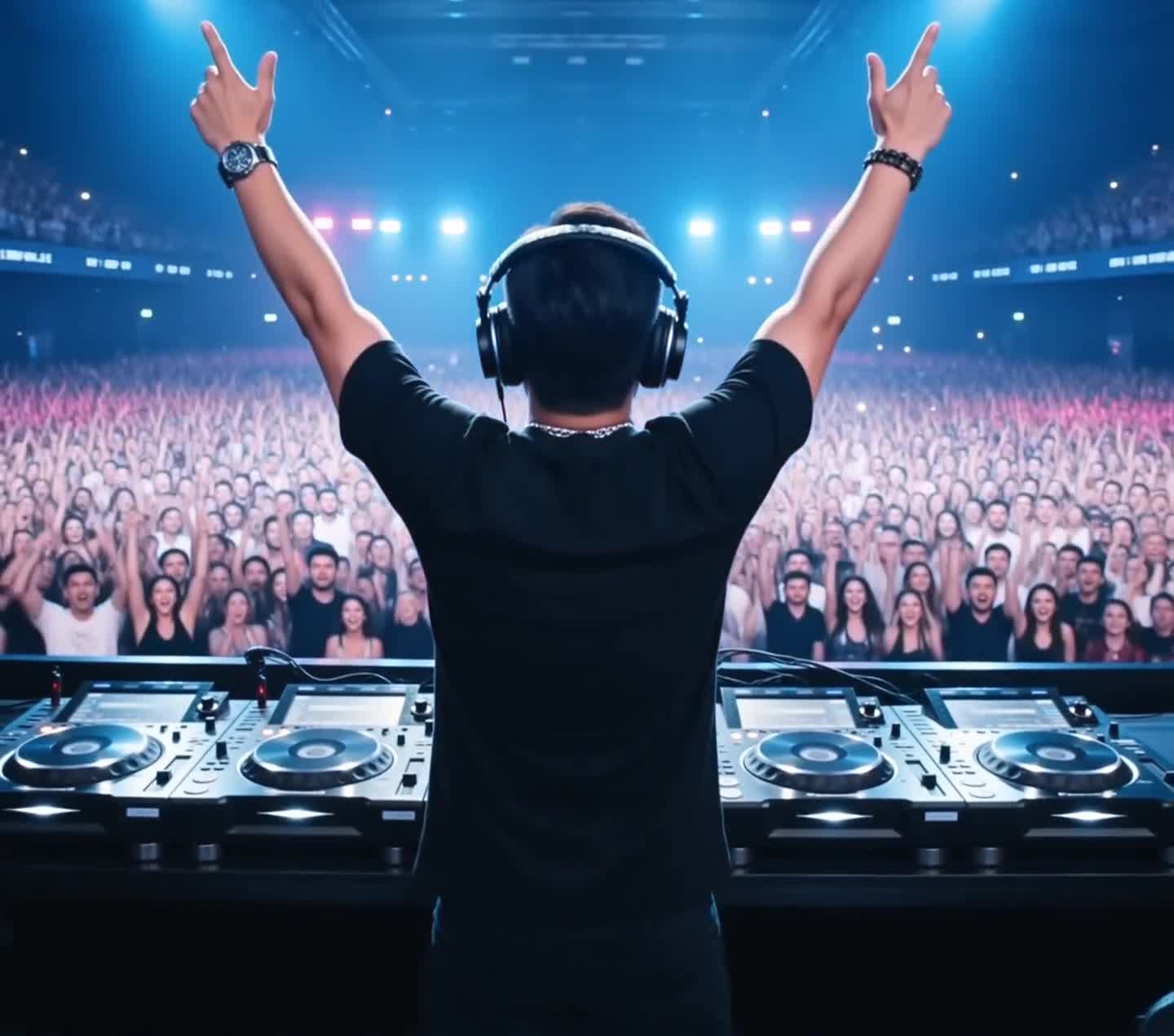DJ Jacob wearing headphones, raising his hands toward the crowd