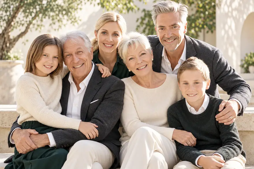 An editorial portrait of three generations sharing warm smiles in ivory, charcoal and emerald clothing
