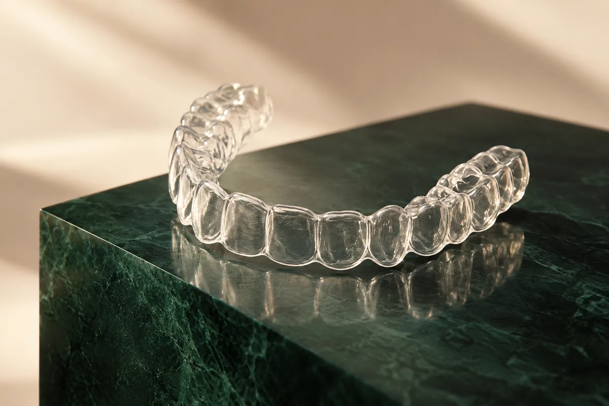 Editorial illustration of a transparent aligner resting on an emerald plinth