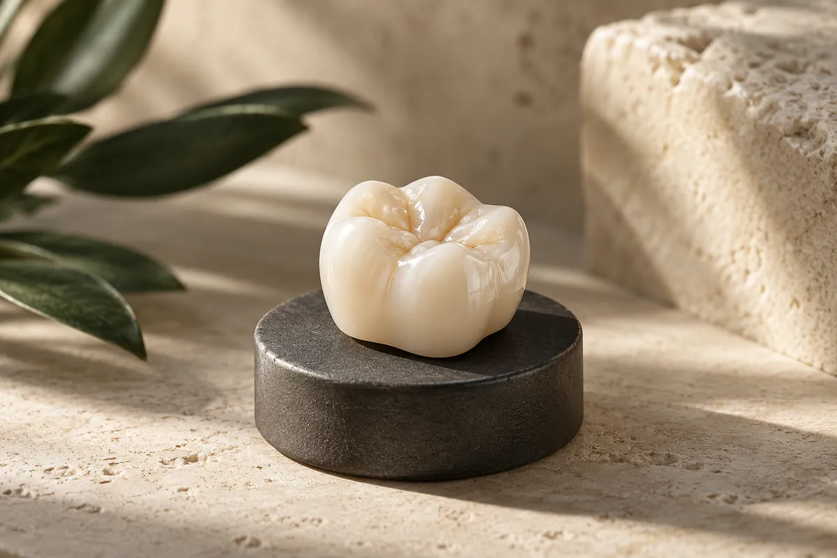 Editorial illustration of a porcelain molar crown on a charcoal pedestal