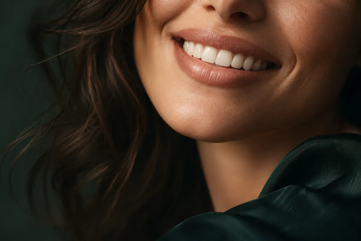Editorial close-up of a warm natural smile framed by emerald fabric