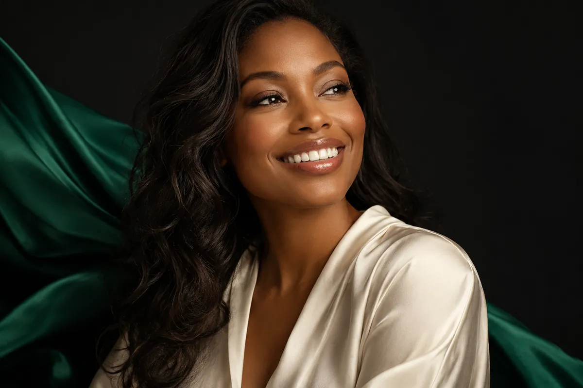 Editorial portrait of a smiling woman in ivory silk against emerald and charcoal