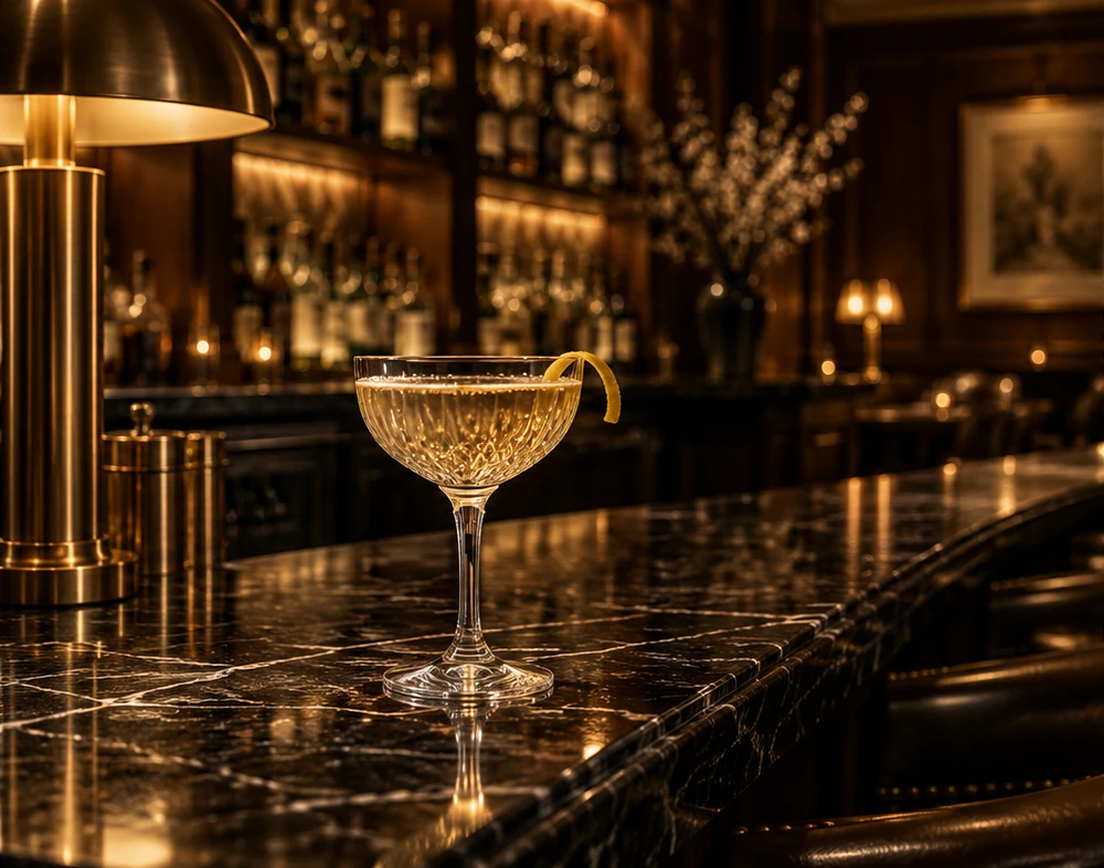 Conceptual cocktail imagery: crystal coupe on dark marble in an elegant amber-lit bar