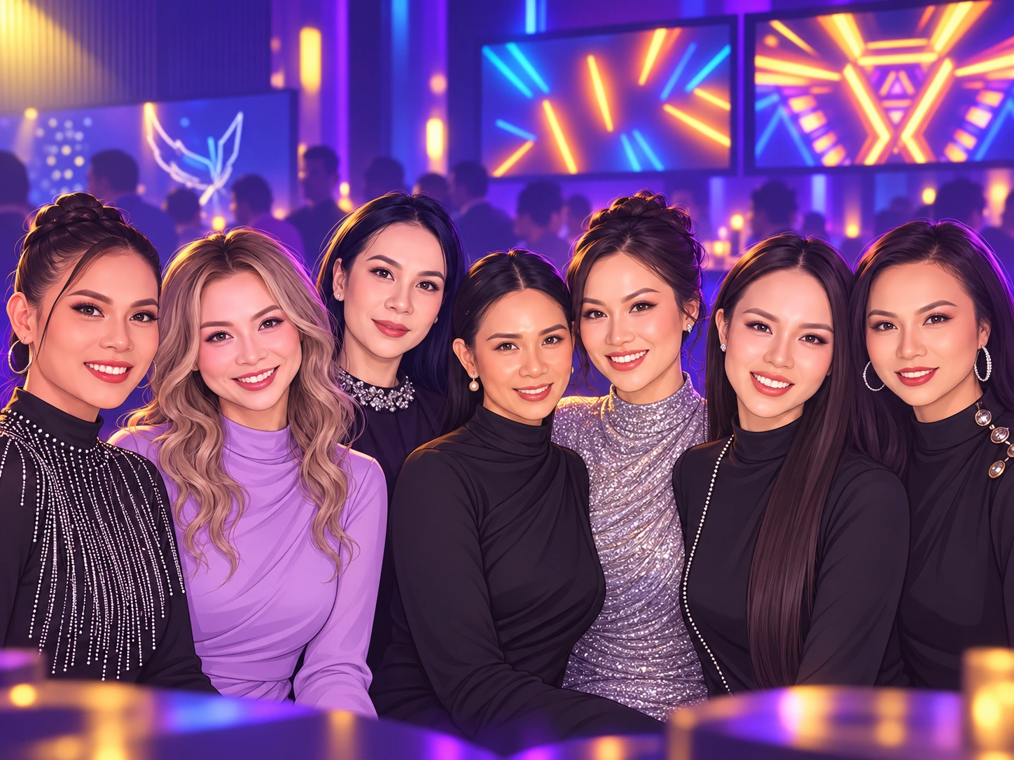 Vibrant cartoon portrait inspired by seven guests at Heaven Lounge