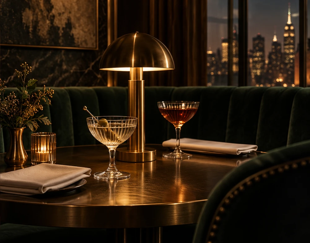 Conceptual lounge imagery: intimate table setting with crystal glassware and a brass lamp