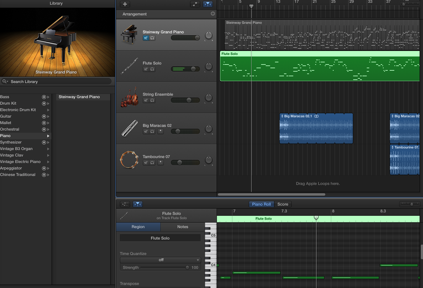 Piano, flute and percussion arranged in recording software