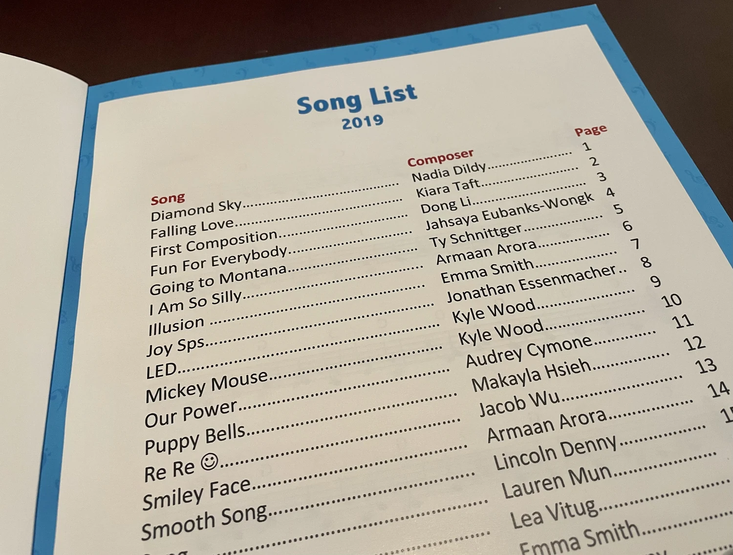 A printed music-program song list.