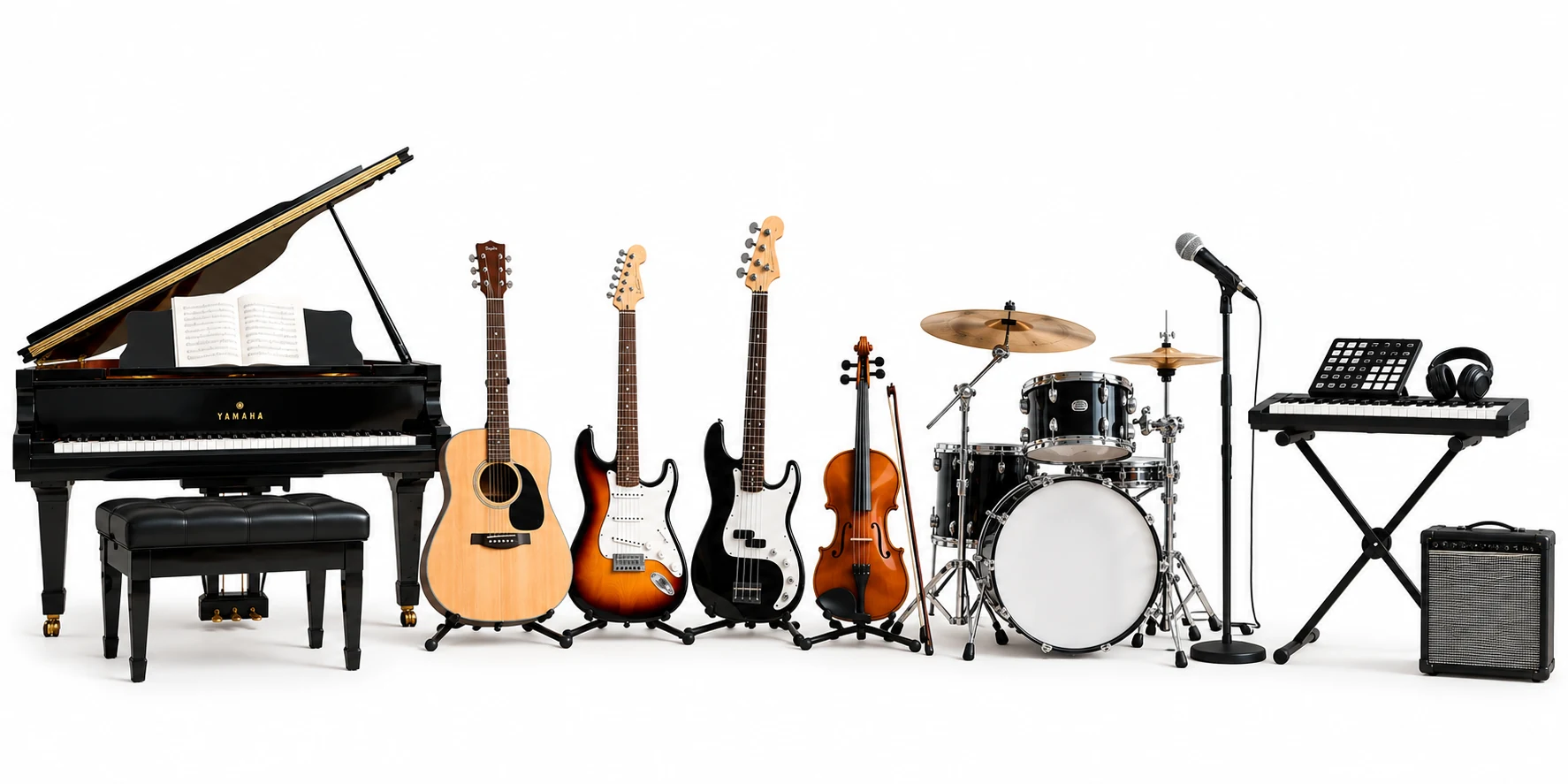 A range of musical instruments.