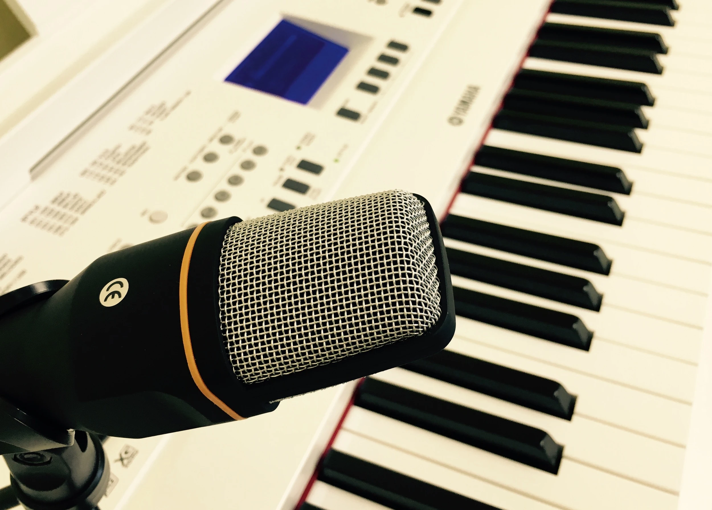 A microphone and electronic keyboard.