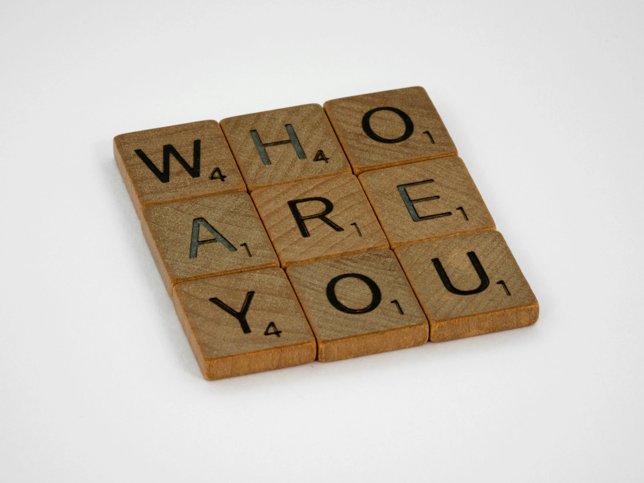 Wooden letter tiles spelling Who Are You.