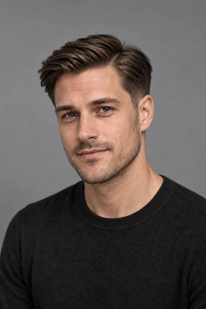 Man with a classic side part and soft taper