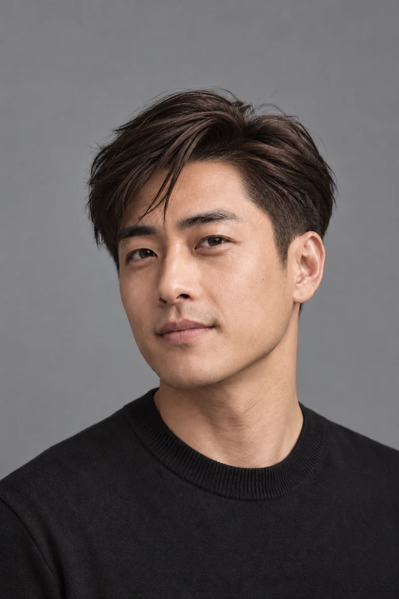 Man with a softly side-swept crop and neat taper