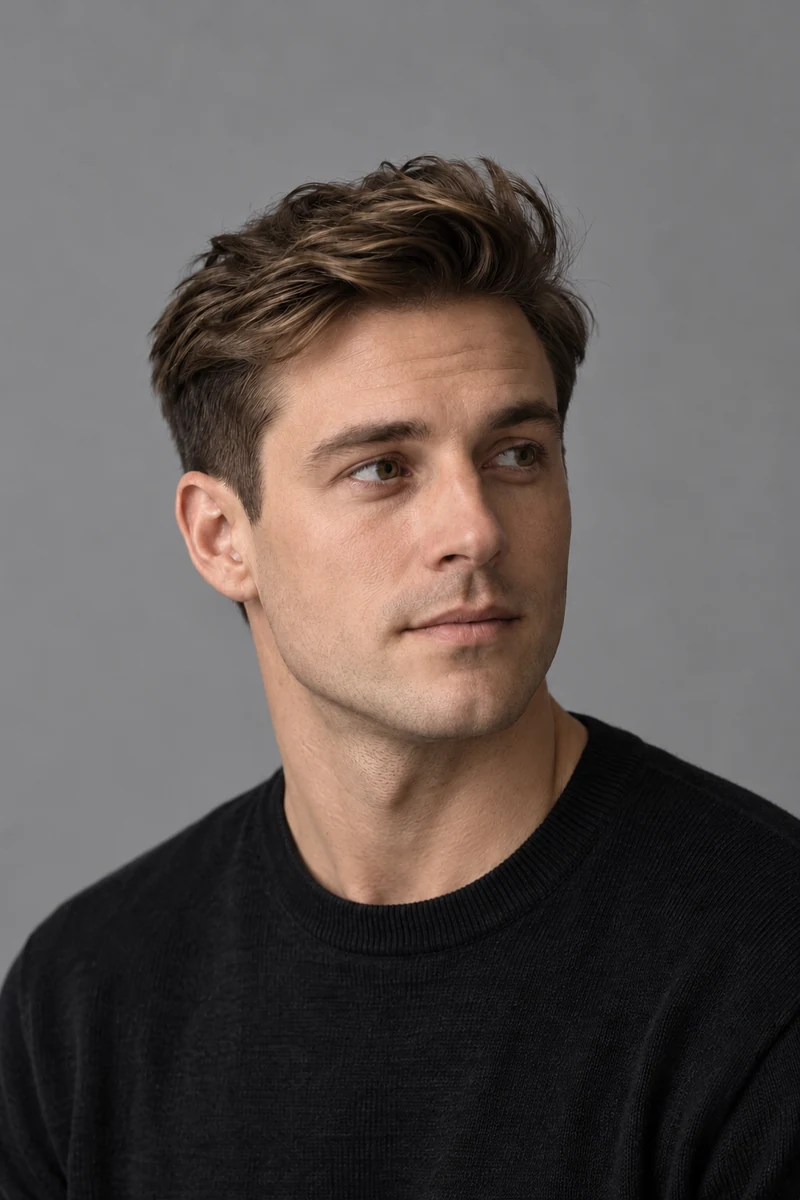 Man with a softly textured quiff and low taper